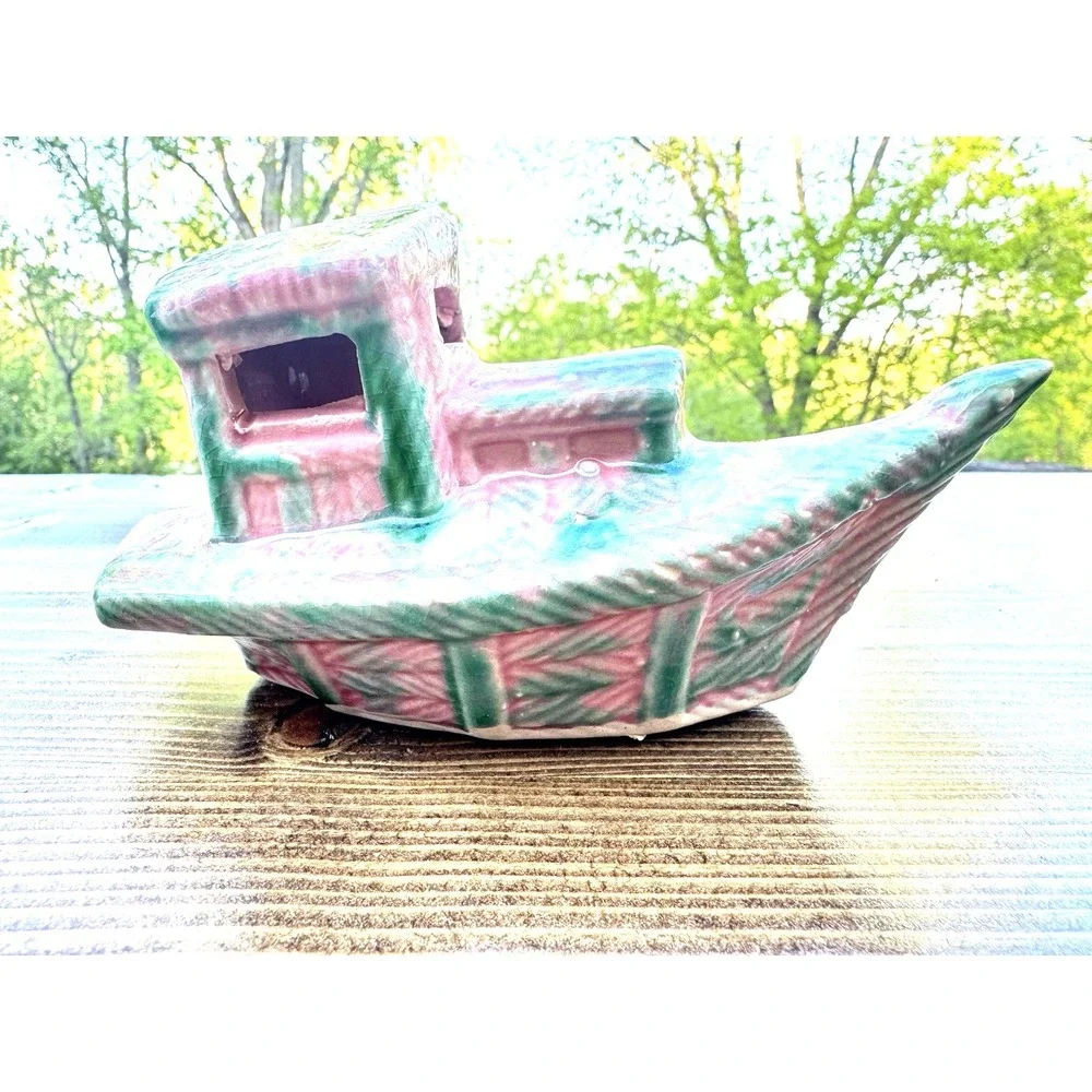 Vintage Hanaki Ceramic Tugboat Aquarium Ornament Fish Tank Boat Nautical Decor